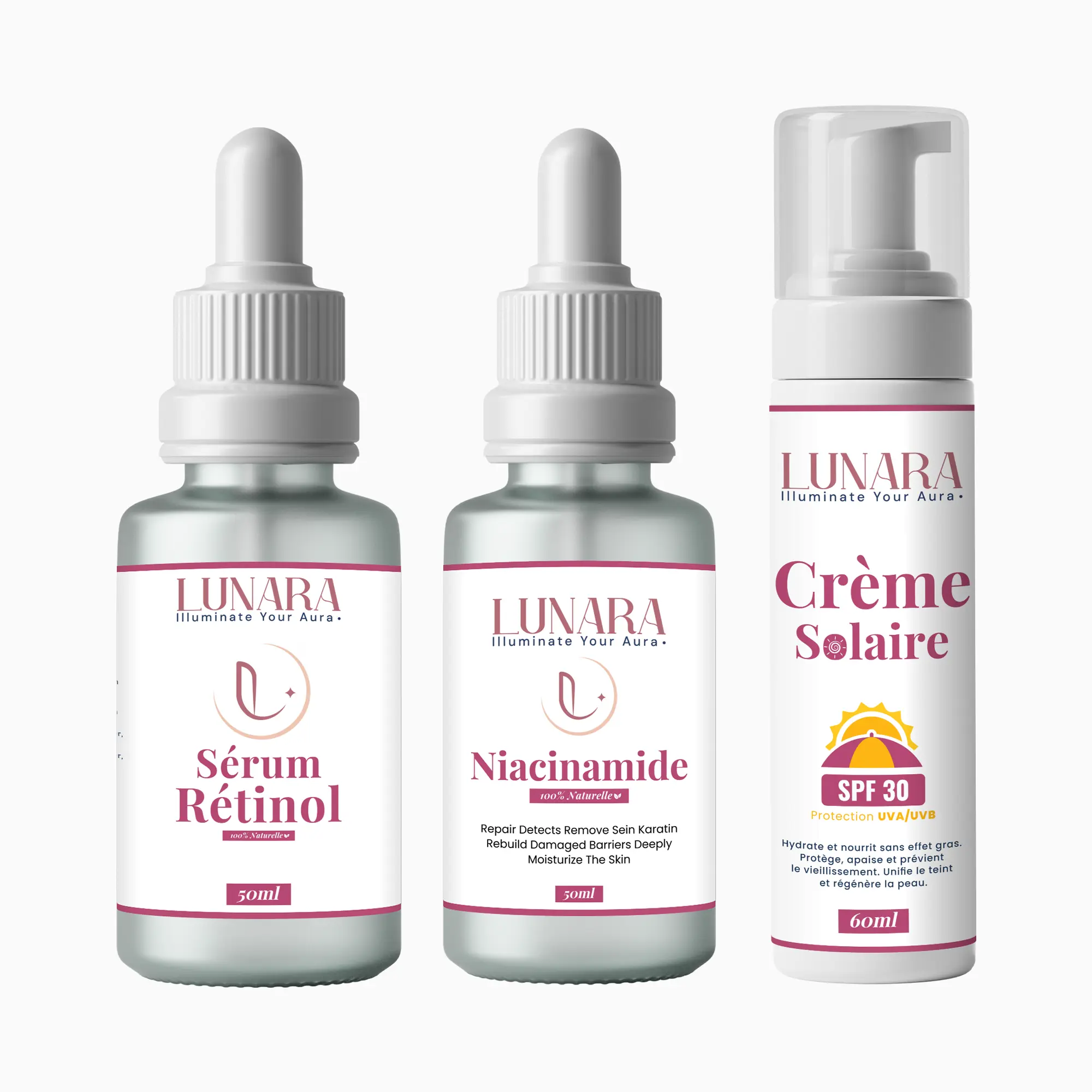 Pack Rituel Aura Lunara – Sérum Rétinol 50 ml, Niacinamide 50 ml & Crème Solaire SPF 30 - Image 2