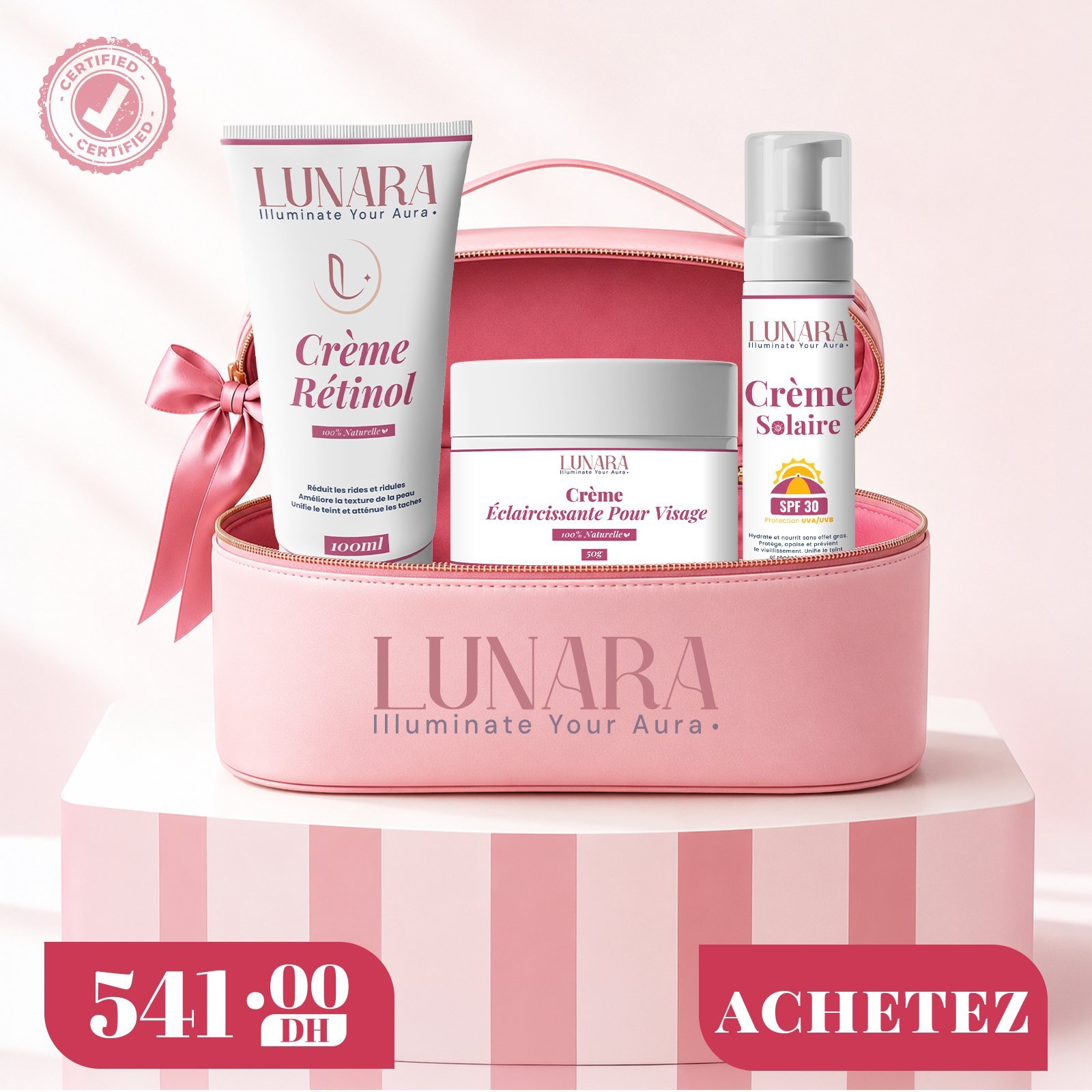Pack Hydratation Soin Visage Lunara – Crème Éclaircissante, Rétinol & Crème Solaire SPF 30